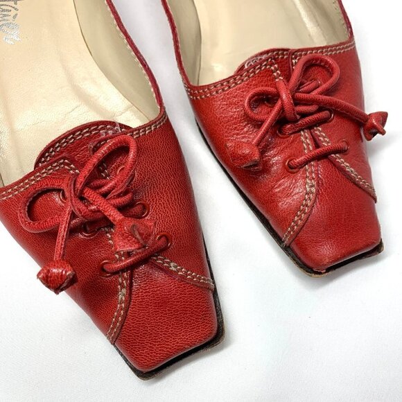 Castaner Square Toe Block Heel Flats With Ties - Red Leather, Size EU 37/US 6.5 - Picture 11 of 12